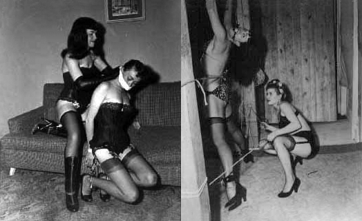 Duas fotografias de Bettie Page. Na imagem da esquerda ela está amarrando uma mulher, na direita ela está amarrada e sendo castigada por uma mulher.