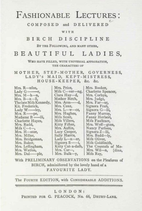Lista do Fashionable Lectures com o nome de 57 dominatrixes de Londres.
