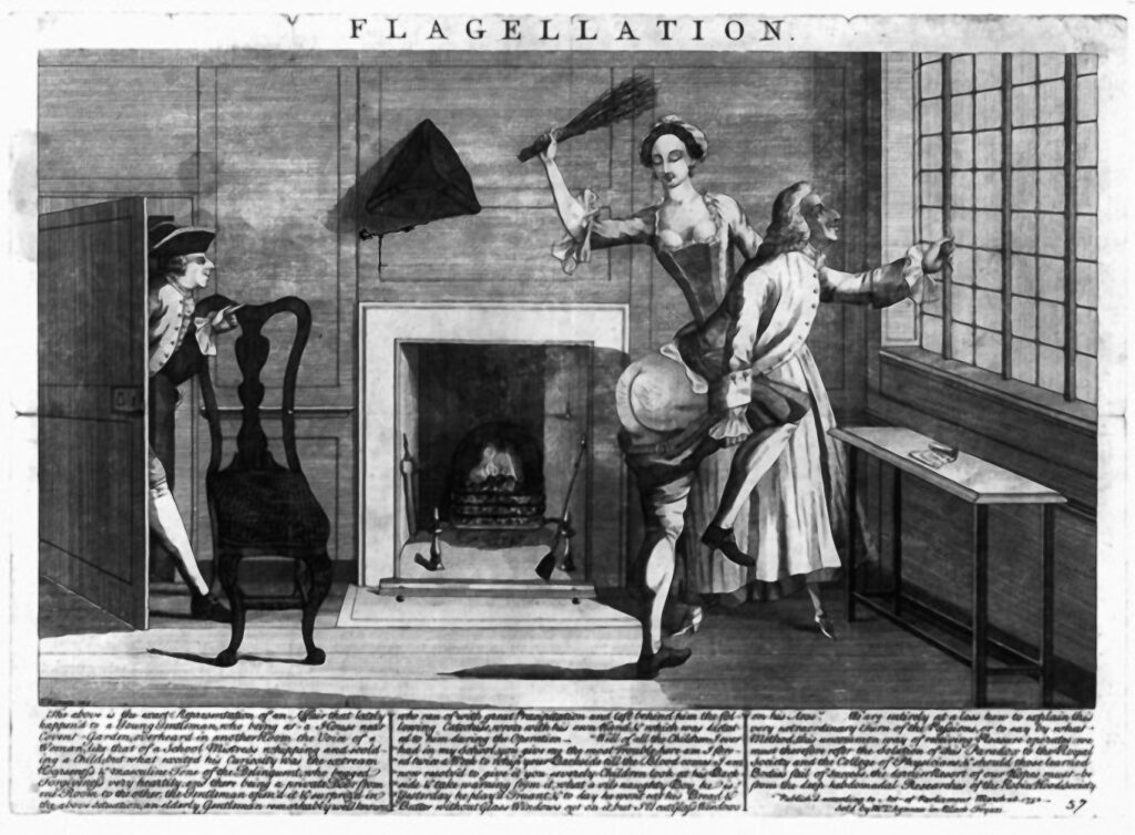 Gravura do século XVIII mostrando uma mulher castigando um homem num contexto sadomasoquista.