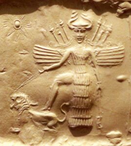 Deusa Inana num selo acadiano de mais de 2 mil anos antes de Cristo.