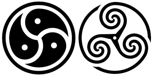 Imagem comparando o triskelion BDSM (esquerda) com o triskelion celta descrito na História de O (direita).
